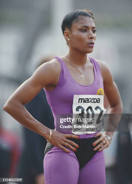 Florence Griffith Joyner of the United States prepares for the Women's 200m metres event at the Internationales Stadionfest "t track meet on 21st...