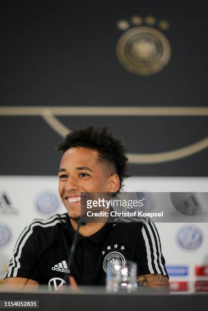 Thilo Kehrer speaks to the media during a press conference ahead of their UEFA European Championship Qualifier match against Belarus at Stadion de...