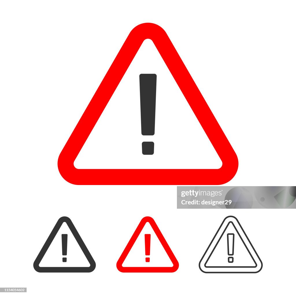 O ícone de advertência, ponto de exclamação assina dentro o projeto liso do triângulo vermelho.