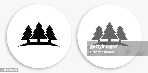 three trees black and white round icon - forest icon stock illustrations