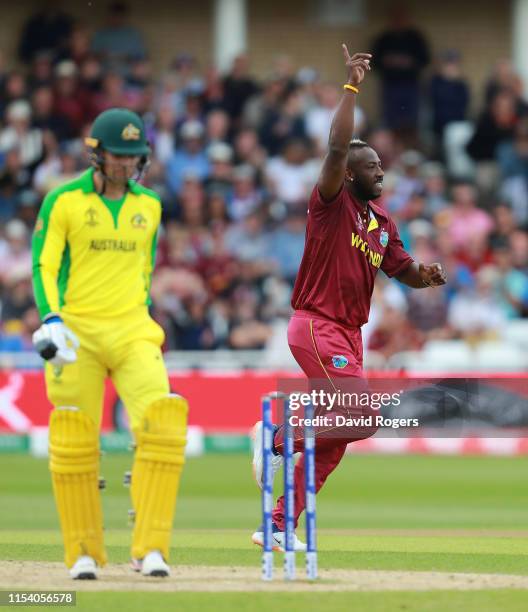 West Indies fast bowler Andre Russell celebrates taking the wicket of Alex Carey during the Group Stage match of the ICC Cricket World Cup 2019...