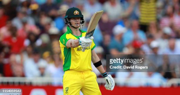 Steve Smith of Australia celebrates his half century during the Group Stage match of the ICC Cricket World Cup 2019 between Australia and the West...