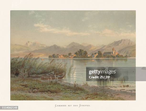 lake chiemsee with the staufen, bavaria, germany, chromolithograph, published ca.1874 - european alps stock illustrations