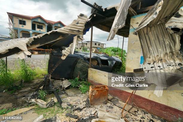 Destroyed car and buildings in a small town on the main highway on May 11,2019 near Buea. These towns were attacked by the military as suspected...