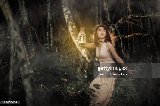 an asian chinese female at the jungle at night holding a lamp looking away - teen courage stock pictures, royalty-free photos & images