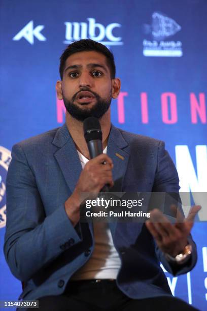 Amir Khan during a press conference at The Landmark Hotel to promote his upcoming fight with Neeraj Goyat on June 06, 2019 in London, England.