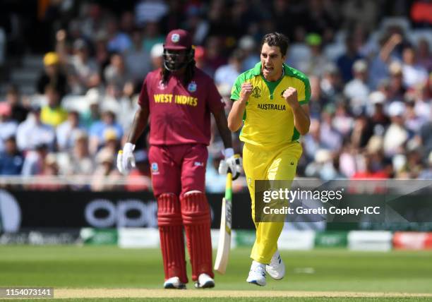 Pat Cummins of Australia celebrates after taking the wicket of Evin Lewis of West Indies during the Group Stage match of the ICC Cricket World Cup...