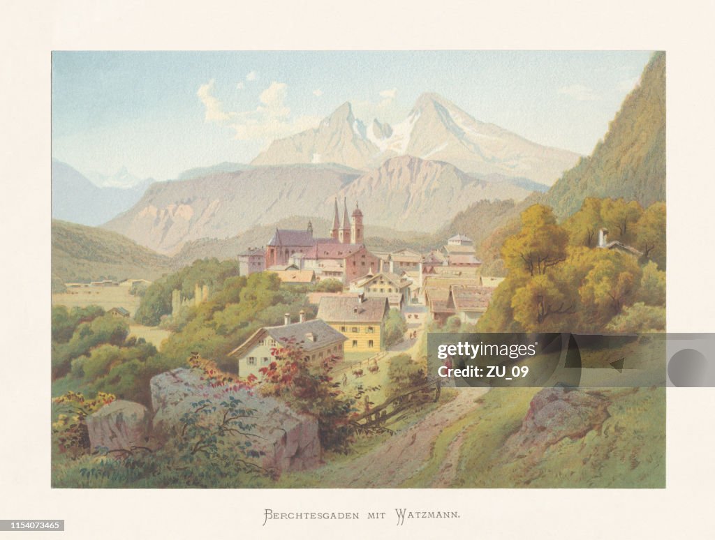 Vue historique de Berchtesgaden, Alpes bavaroises, Allemagne, chromolithographe, publié vers 1874
