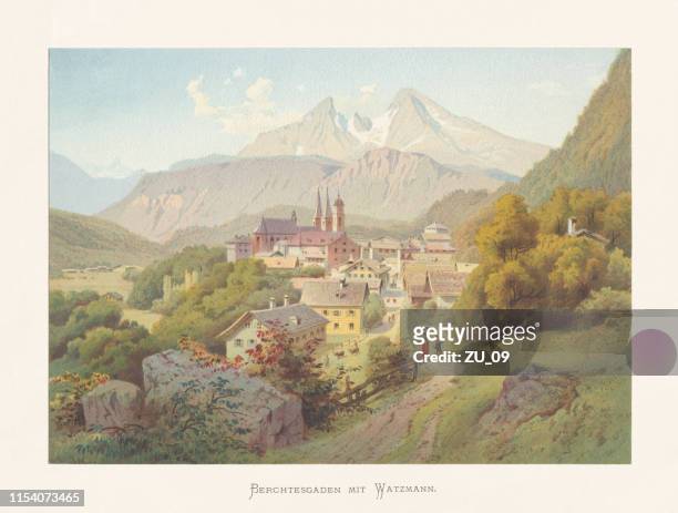 historical view of berchtesgaden, bavarian alps, germany, chromolithograph, published ca.1874 - german culture stock illustrations