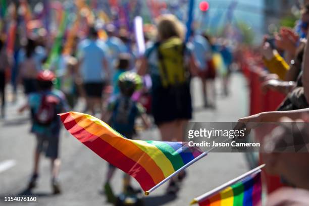 pride flags at the parade - gay pride parade stockfoto's en -beelden