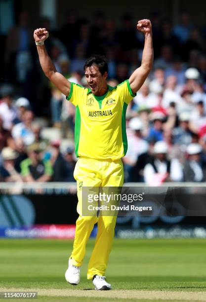 Mitchell Starc of Australia celebrates after trapping Chris Gayle LBW during the Group Stage match of the ICC Cricket World Cup 2019 between...
