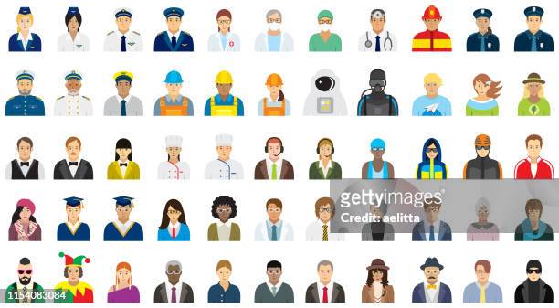 illustrazioni stock, clip art, cartoni animati e icone di tendenza di set di icone persone (faccia dell'opzione) - diverse professioni. - occupazione
