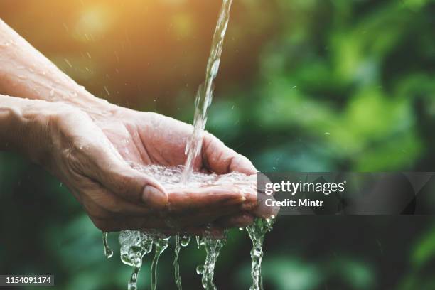 closeup water flow to hand of women for nature concept on the garden background.