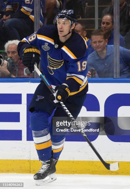 Jay Bouwmeester of the St. Louis Blues plays against the Boston Bruins in Game Four of the 2019 NHL Stanley Cup Final at Enterprise Center on June...