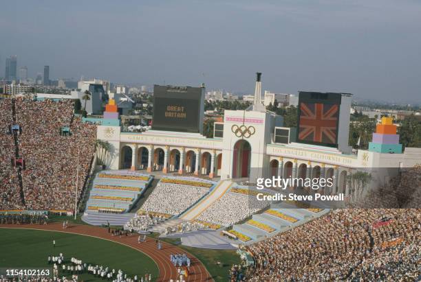 Athletes parade on the stadium infield during the opening ceremony for the XXIII Olympic Games on 28 July 1984 at the Los Angeles Memorial Coliseum...