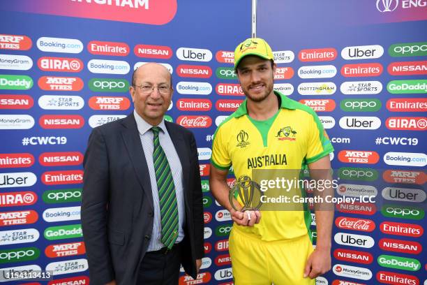 Nathan Coulter-Nile of Australia poses after being named man of the match during the Group Stage match of the ICC Cricket World Cup 2019 between...