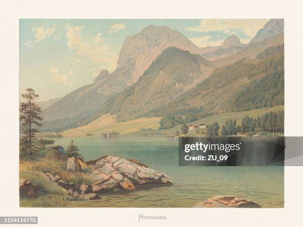 hintersee, ramsau, berchtesgaden land, bavaria, germany, chromolithograph, published circa 1874 - alpine stock illustrations