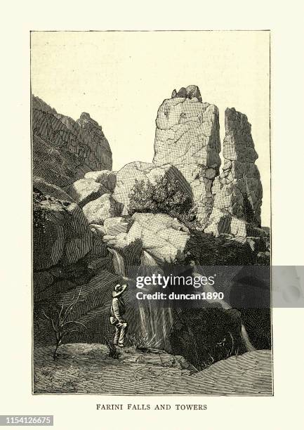 explorer at farini falls and towers, kalahari desert, 19th century - kalahari desert stock illustrations