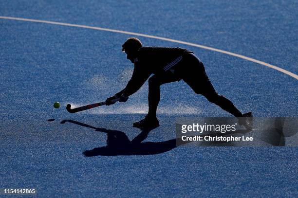 Sam Ward of Great Britain warms up during the Men's FIH Field Hockey Pro League match between Great Britain and Germany at Lee Valley Hockey and...