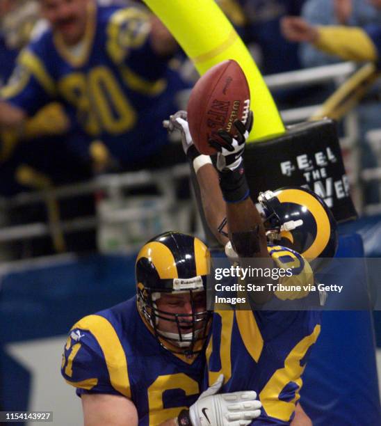 The Vikings lose to the St. Louis Rams at the trans World Dome in St. Louis, MO., scorew 49-37. -- Rams wide receiver Isaac Bruce celebrates a first...