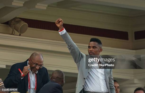 Samuel Eto'o, former Cameroon player celebrating cameroon scoring to 2-1 during the 2019 African Cup of Nations match between Cameroon and Nigeria at...