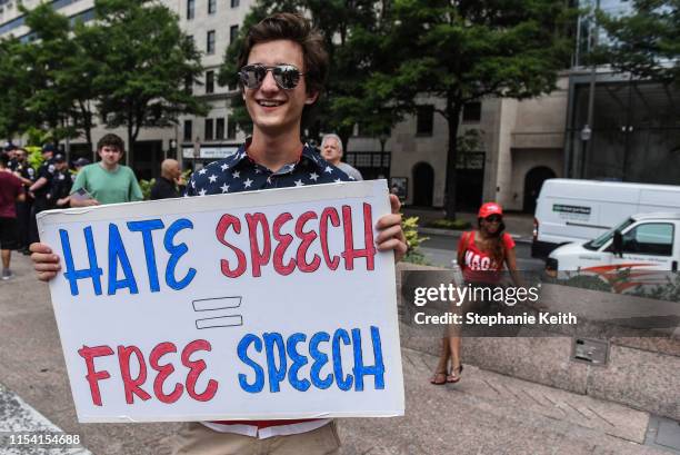 People participate in a "Demand Free Speech" rally on Freedom Plaza on July 6, 2019 in Washington, DC. The demonstrators are calling for an end of...