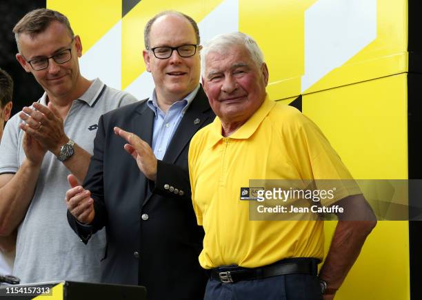Prince Albert II of Monaco and Raymond Poulidor attend the the podium ceremony of stage 1 of the 106th Tour de France 2019 between Bruxelles and...