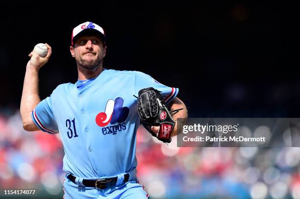 Max Scherzer of the Washington Nationals pitches in the first inning against the Kansas City Royals at Nationals Park on July 6, 2019 in Washington,...