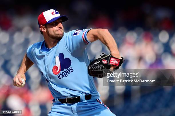 Max Scherzer of the Washington Nationals pitches in the second inning against the Kansas City Royals at Nationals Park on July 6, 2019 in Washington,...