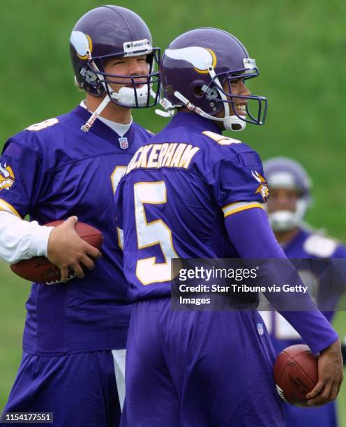 Eden Prairie, MN., Friday, 5/4/2001. Vikings quartbacks Todd Bouman and Billy Cockerham joked while waiting for another drill to start during...