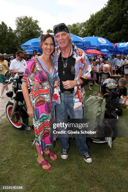 Wolfgang Fierek and his wife Djamila Mendil with his Harley Davidson during the Erich Greipl Tribute Tournament at Erich Greipl Stadion /FC Ismaning...