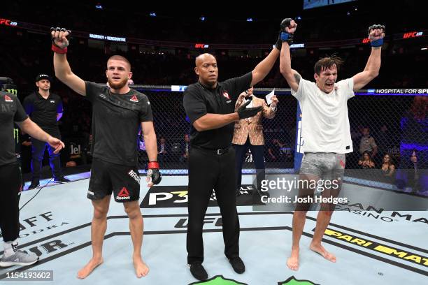 Chance Rencountre celebrates his win against Ismail Naurdiev of Austria in their welterweight fight during the UFC 239 event at T-Mobile Arena on...