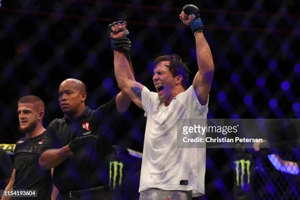 Chance Rencountre celebrates his win against Ismail Naurdiev of Austria in their welterweight fight during the UFC 239 event at T-Mobile Arena on...