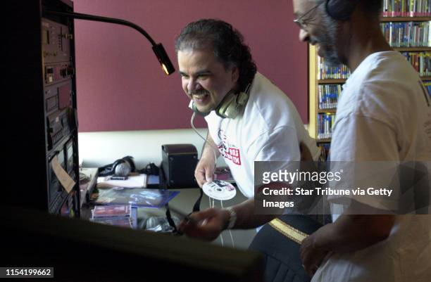Willie Dominguez, the host of "Sabados Alegres", has been on KFAI radio for 20 years. IN THIS PHOTO: Minneapolis, Mn., Sat., June 1, 2002-- Willie...