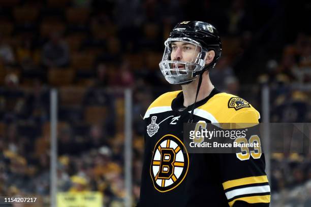 Zdeno Chara of the Boston Bruins warms up prior to Game Five of the 2019 NHL Stanley Cup Final against the St. Louis Blues at TD Garden on June 06,...
