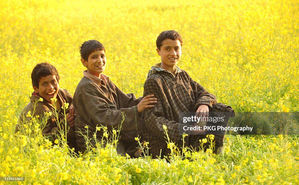 Children in mustard field