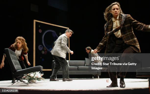 Minneapolis, MN., Wednesday, 2/27/2003. Amy Van Nostrand as Ouisa, Stephen Pelinski as Flan, Bob Davis as Larkin and Sally Wingert as Kitty, during a...