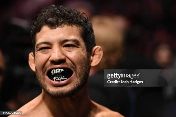 Gilbert Melendez enters the octagon against Arnold Allen of England in their featherweight fight during the UFC 239 event at T-Mobile Arena on July...