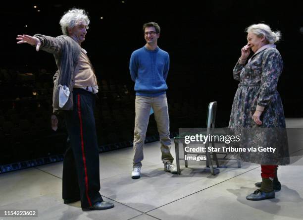 Director Daniel Aukin, center, and actors Babara Bryne, right, and Christopher McCann , left, discuss the script and the mood of the play "The...