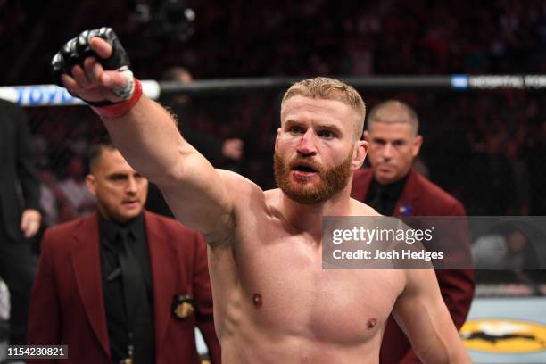 Jan Blachowicz of Poland celebrates his win over Luke Rockhold in their light heavyweight fight during the UFC 239 event at T-Mobile Arena on July 6,...