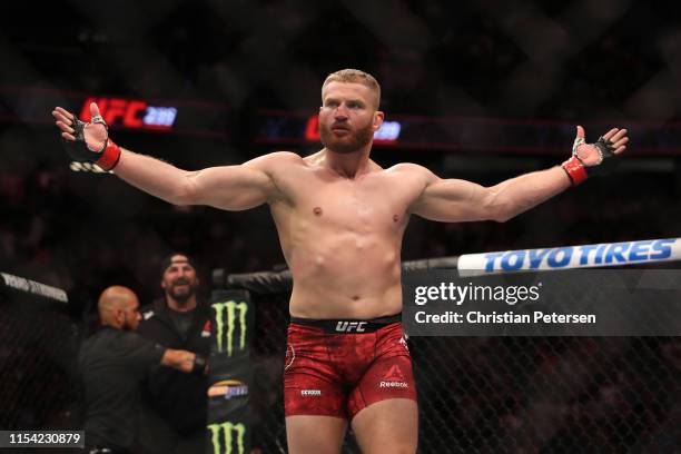Jan Blachowicz of Poland celebrates his win over Luke Rockhold in their light heavyweight fight during the UFC 239 event at T-Mobile Arena on July 6,...