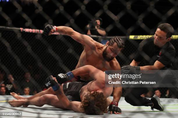 Jorge Masvidal finishes Ben Askren in their welterweight fight during the UFC 239 event at T-Mobile Arena on July 6, 2019 in Las Vegas, Nevada.