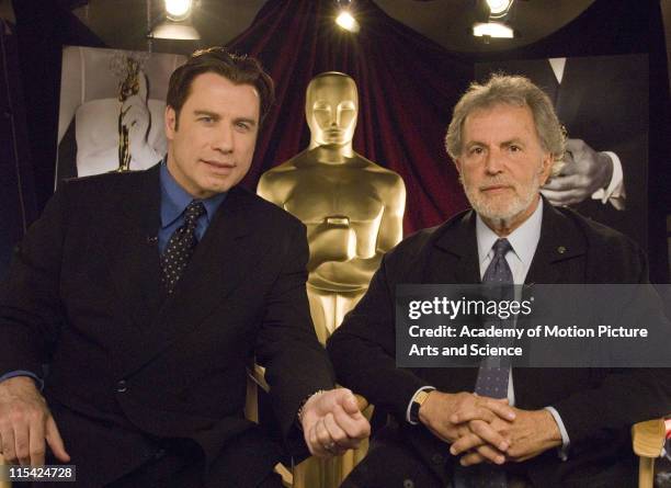 Academy of Motion Picture Arts and Sciences President Sid Ganis and Oscar presenter John Travolta participated in a satellite television tour in Los...