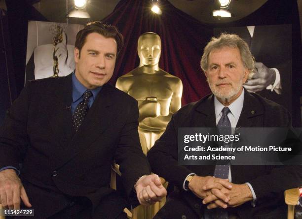 Academy of Motion Picture Arts and Sciences President Sid Ganis and Oscar presenter John Travolta participated in a satellite television tour in Los...