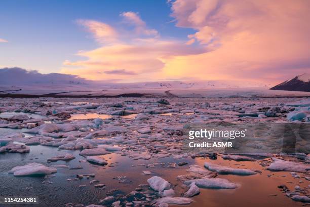 icebergs floating on the beach iceland - icecap stock pictures, royalty-free photos & images