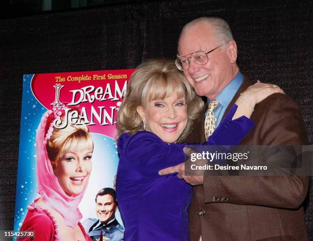 Barbara Eden and Larry Hagman during Barbara Eden & Larry Hagman Sign "I Dream Of Jeannie" DVD - March 15, 2006 at Barnes & Noble in New York City,...