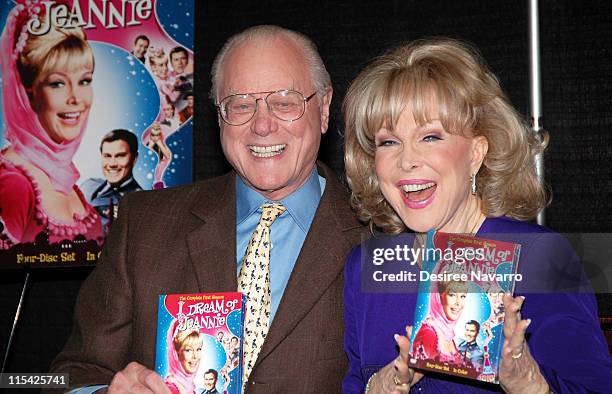 Larry Hagman and Barbara Eden during Barbara Eden & Larry Hagman Sign "I Dream Of Jeannie" DVD - March 15, 2006 at Barnes & Noble in New York City,...