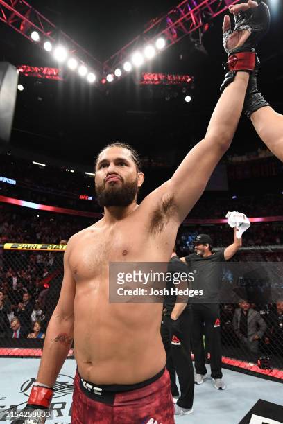 Jorge Masvidal celebrates his win over Ben Askren in their welterweight fight during the UFC 239 event at T-Mobile Arena on July 6, 2019 in Las...