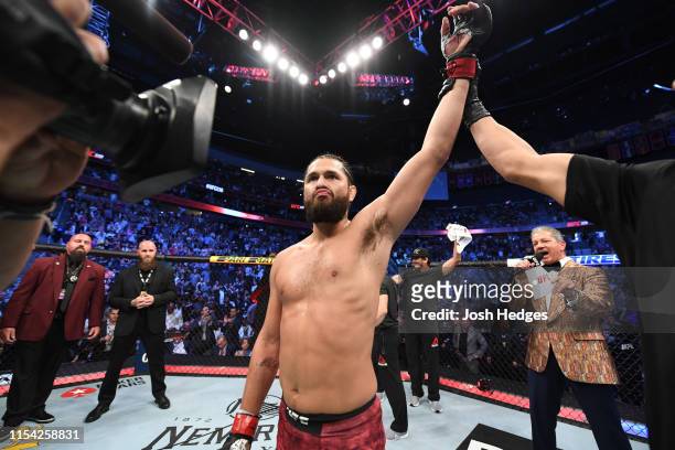 Jorge Masvidal celebrates his win over Ben Askren in their welterweight fight during the UFC 239 event at T-Mobile Arena on July 6, 2019 in Las...