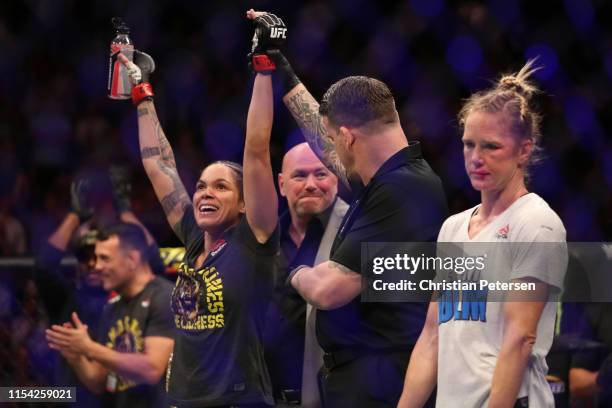 Amanda Nunes of Brazil celebrates her win over Holly Holm in their UFC bantamweight championship fight during the UFC 239 event at T-Mobile Arena on...